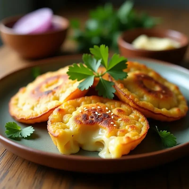 Arepas doradas y crujientes de plátano macho rellenas de queso de cabra derretido, servidas en un plato de barro con semillas de sésamo y cilantro fresco, receta venezolana sin harina en airfryer.