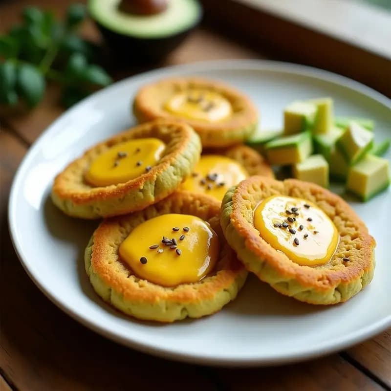 Arepas doradas y crujientes de plátano macho rellenas de queso de cúrcuma vegano, servidas en un plato de cerámica blanca con semillas de chía espolvoreadas y acompañadas de aguacate en cubos, receta colombiana en airfryer.