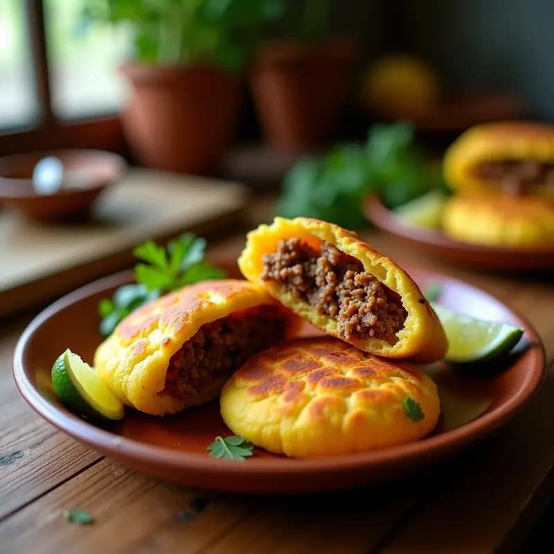 Arepas doradas y crujientes de harina de plátano maduro cortadas por la mitad, rellenas de carne mechada vegana oscura y jugosa, servidas en un plato de madera rústico con láminas de aguacate y hojas de cilantro fresco. Receta colombiana en airfryer.