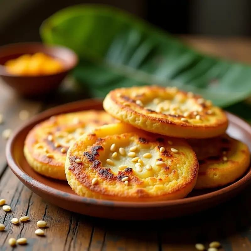 Arepas doradas y crujientes de plátano maduro con vetas de queso de anacardos cremoso, espolvoreadas con semillas de sésamo, servidas en un plato de barro rústico sobre una mesa de madera con fondos de hojas de plátano y un cuenco de salsa picante al lado.