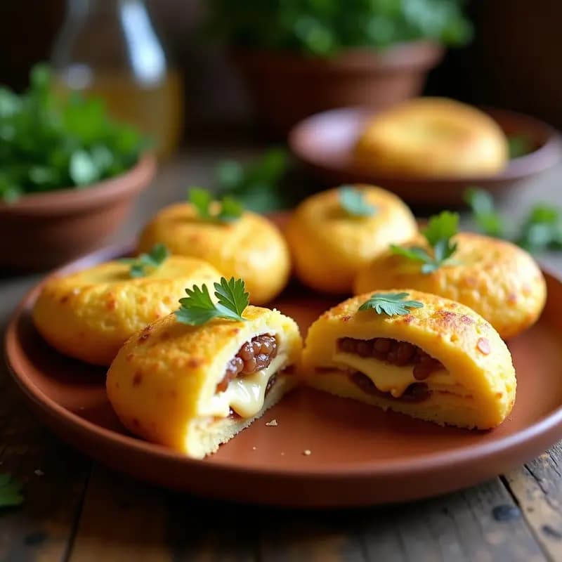 Arepas doradas de plátano maduro abiertas por la mitad, rellenas de queso de castaña cremoso y cebolla morada salteada, dispuestas en un plato de barro con cilantro fresco. Receta colombiana sin gluten y sin lactosa.