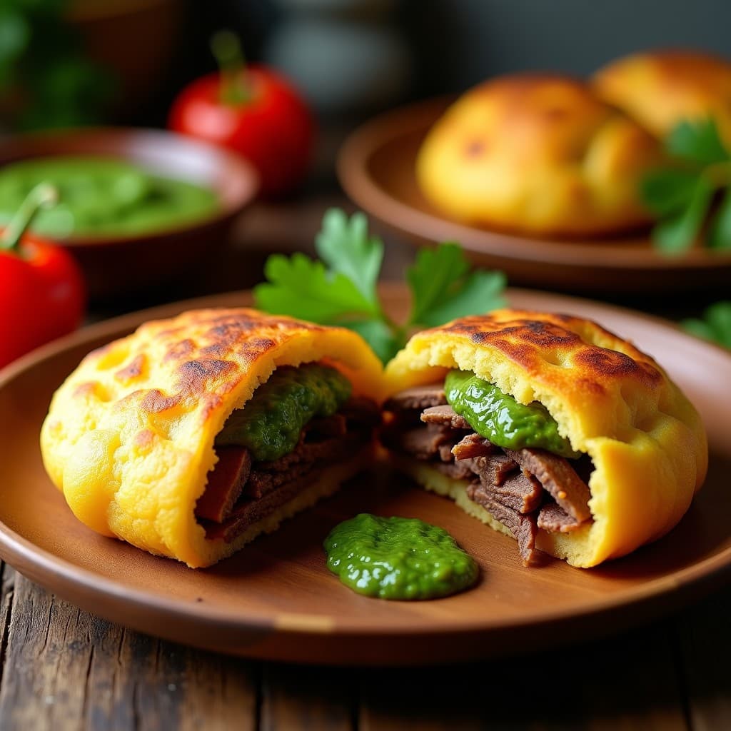 Arepas doradas de harina de plátano macho abiertas por la mitad, rellenas de tiras de ternera jugosa y bañadas en chimichurri verde fresco, servidas en un plato de madera rústico con hojas de culantro como decoración, receta colombiana keto.