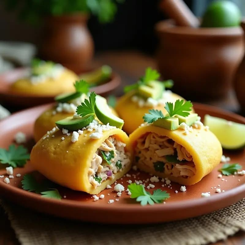Arepas doradas de plátano verde cortadas por la mitad, rellenas de pollo desmenuzado jugoso, queso fresco y cubos de aguacate, servidas en un plato de barro con fondo de cocina rústica colombiana.