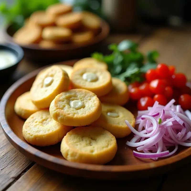 Arepas doradas de harina de plátano verde rellenas de queso de anacardos cremoso, servidas en un plato de madera con ensalada de cebolla morada, pimentón rojo y cilantro fresco. Receta colombiana sin gluten.
