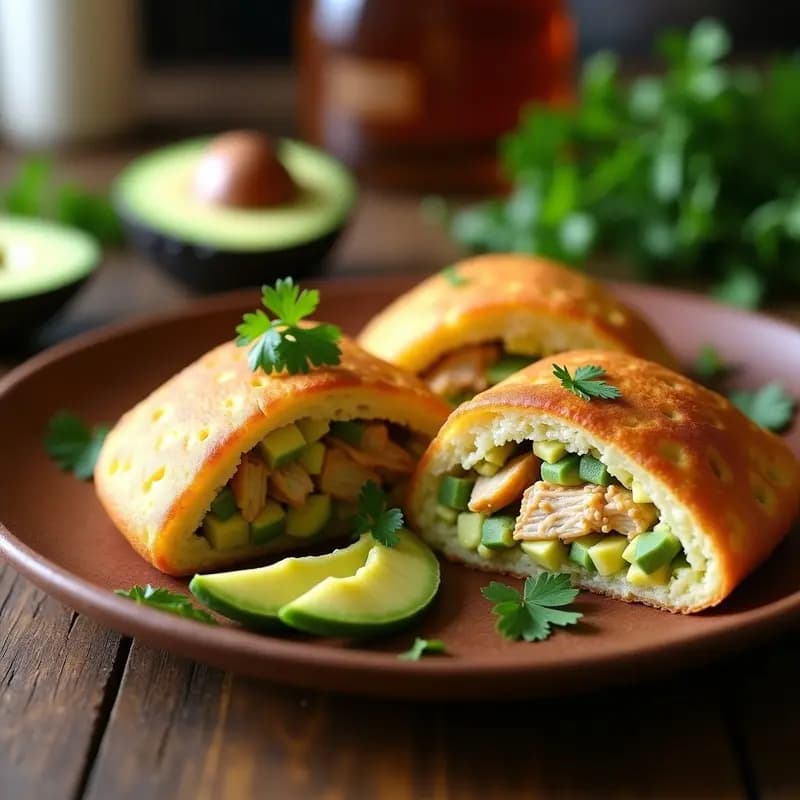 Arepas doradas y crujientes abiertas por la mitad, rellenas de pollo desmechado especiado y cubos de aguacate cremoso con cilantro, servidas sobre un plato de madera rústico con fondo de cocina venezolana.