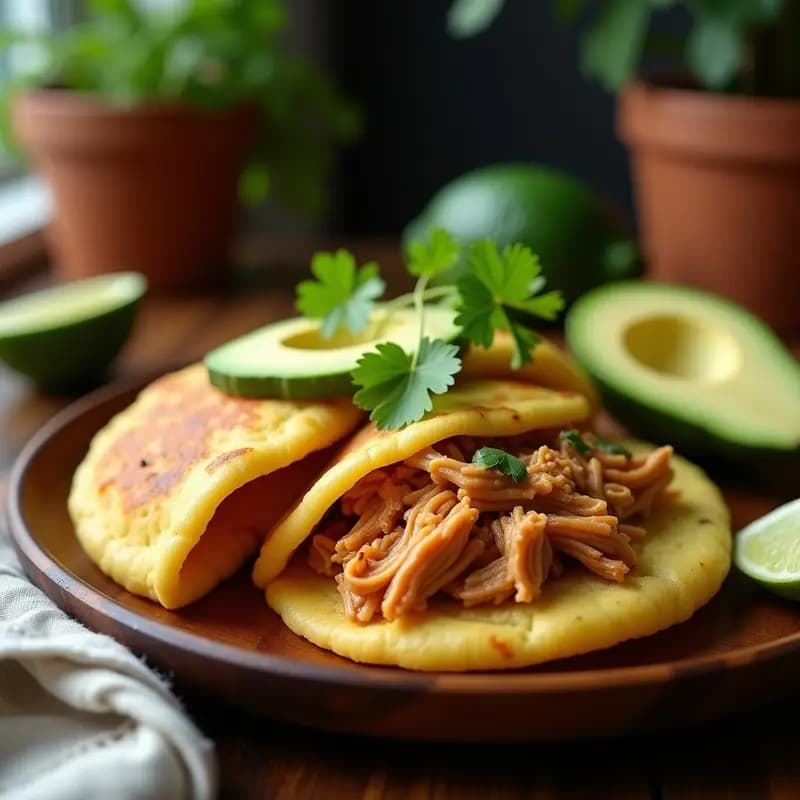 Arepas doradas de yuca y plátano verde rellenas de pollo desmechado jugoso con especias y rodajas de aguacate fresco, servidas en plato de madera rústico, receta colombiana en olla lenta.