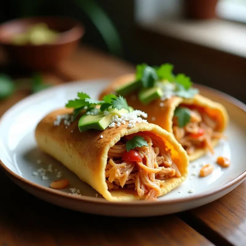 Plato con arepas venezolanas doradas rellenas de pollo desmenuzado jugoso y láminas de aguacate cremoso, acompañadas de cilantro fresco. Receta de arepas rellenas de pollo desmenuzado y aguacate en olla express.