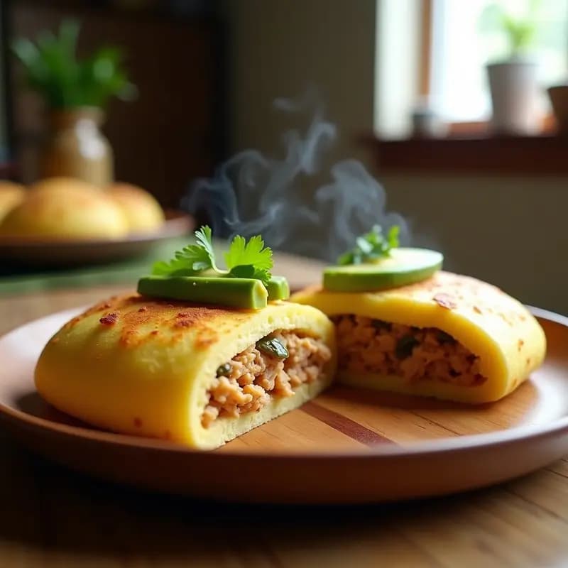 Arepas venezolanas doradas y crujientes rellenas de pollo desmenuzado especiado, aguacate cremoso y queso blanco, servidas en un plato rústico de barro con cilantro fresco. Receta rápida de arepas con pollo y aguacate.