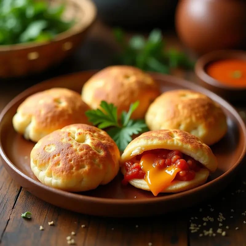 Arepas doradas y crujientes rellenas de pollo guisado en salsa de tomate y queso mozzarella derretido, servidas en un plato de madera rústico con fondo de cocina colombiana tradicional.