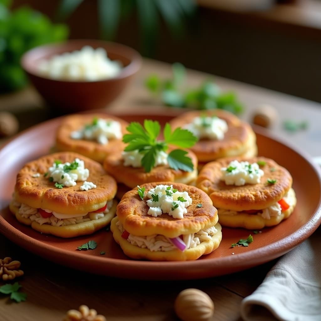 Arepas venezolanas doradas y crujientes en Airfryer, rellenas de pollo desmenuzado con hierbas y queso de cabra cremoso, decoradas con nueces picadas y un hilo de miel. Plato servido en fuente de barro con fondo de madera rústica.