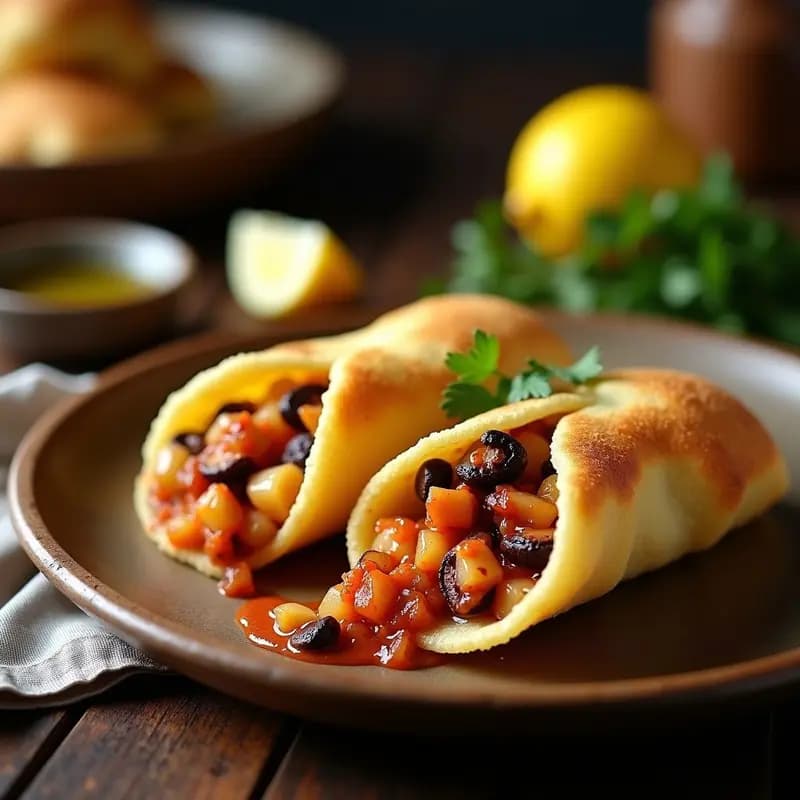 Arepas doradas y esponjosas rellenas de pulpo a la gallega con trozos de patata, pimentón de la Vera y perejil fresco, servidas en un plato de madera rústico con fondo de cocina tradicional.