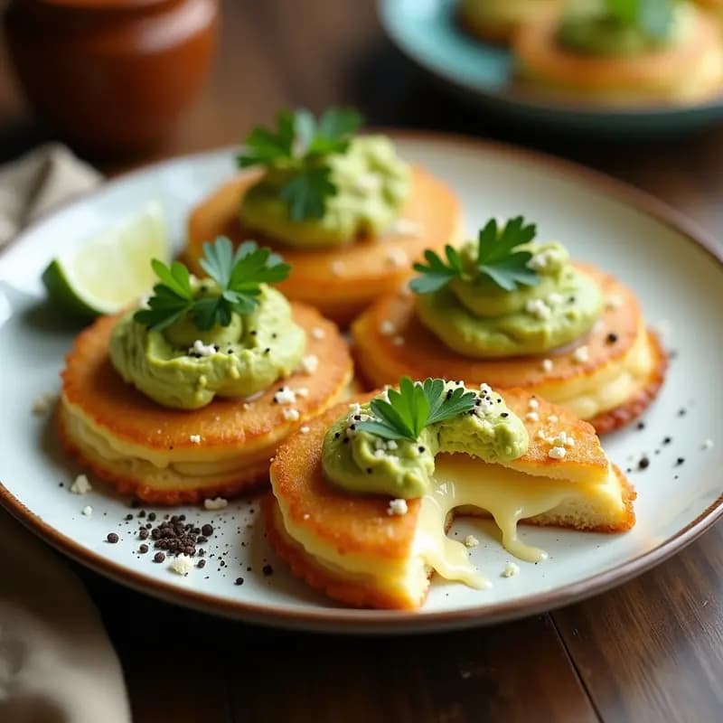 Arepas doradas y crujientes rellenas de queso derretido y crema de aguacate verde, servidas en plato blanco rústico con fondo de cocina colombiana tradicional.