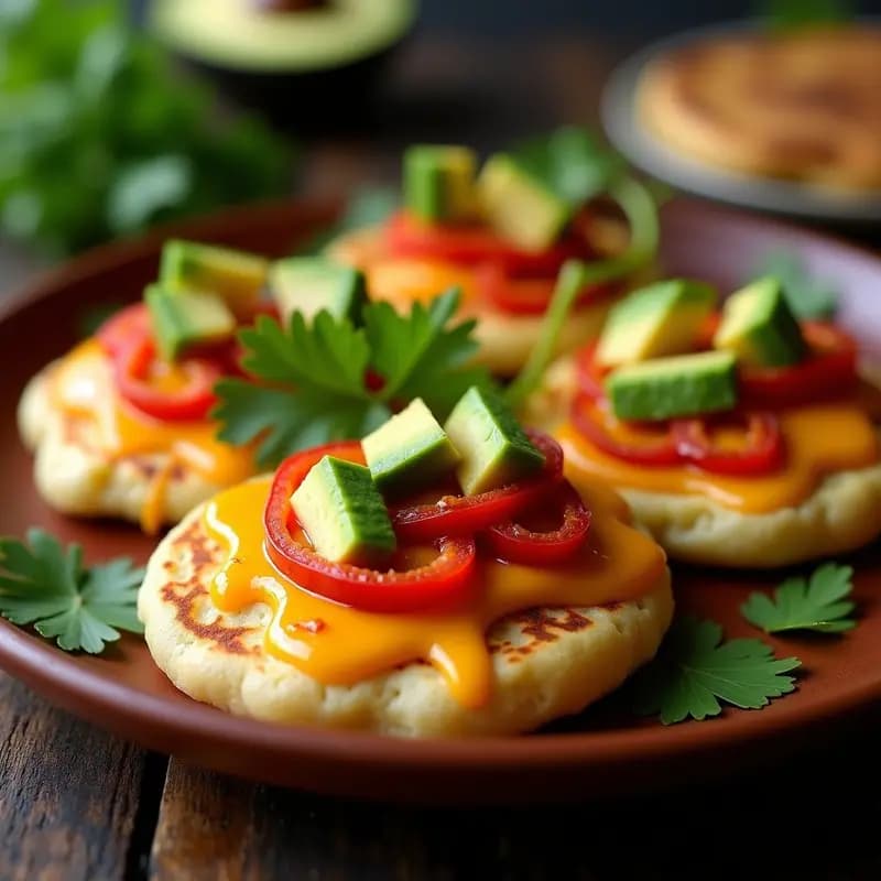 Arepas doradas y crujientes abiertas por la mitad, rellenas de queso ahumado derretido, rodajas de aguacate cremoso y pimentón asado picado, servidas en un plato de barro sobre un comal humeante. Receta tradicional venezolana de arepas de queso ahumado y pimentón con aguacate.