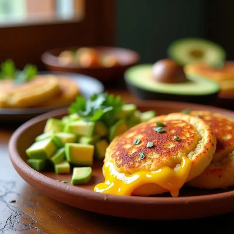 Arepas doradas y crujientes rellenas de queso derretido, acompañadas de cubos de aguacate fresco con cilantro y limón, en un plato rústico de barro. Receta de arepas de queso ají con aguacate, desayuno colombiano picante y cremoso.