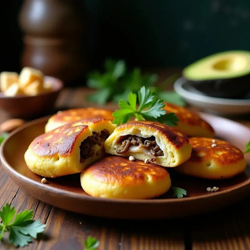 Arepas doradas y crujientes rellenas de queso de almendra cremoso y champiñones portobello salteados, servidas en un plato de madera con perejil fresco. Receta colombiana keto.