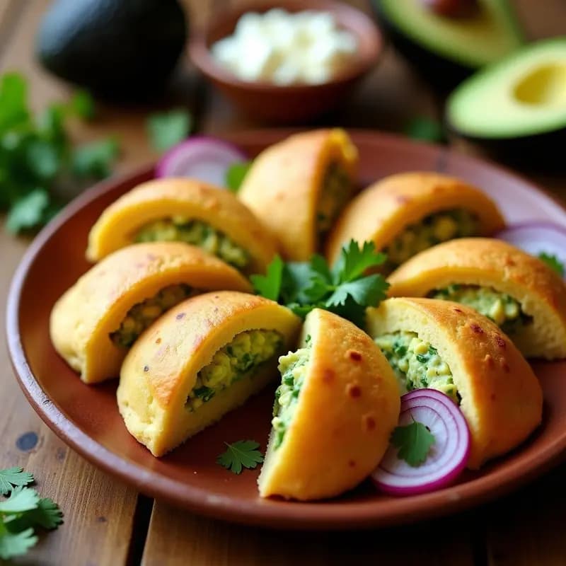 Arepas doradas y crujientes rellenas de queso de almendras cremoso y aguacate fresco, decoradas con semillas de sésamo y cilantro. Plato de entrantes colombiano vegano y sin gluten sobre fondo rústico de madera.