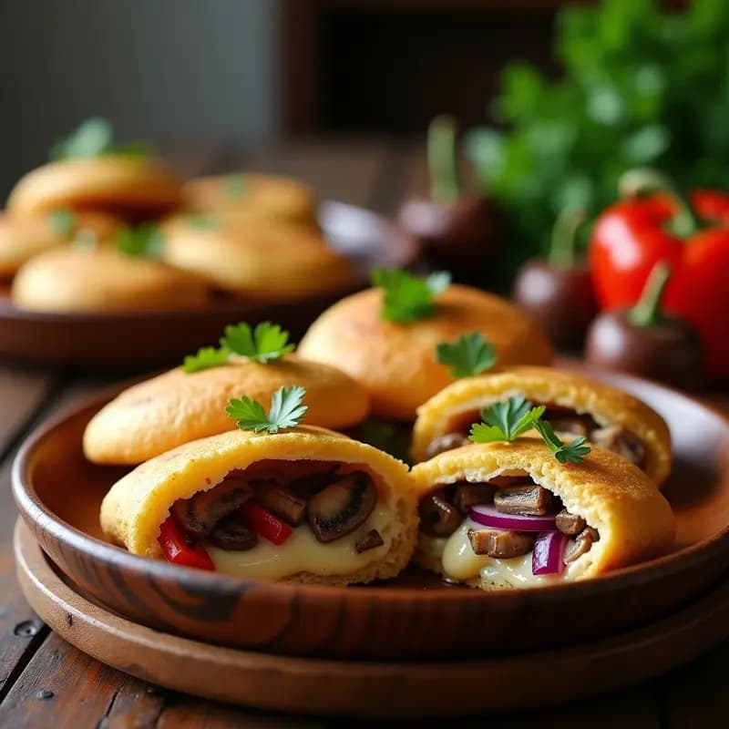 Arepas doradas y crujientes abiertas por la mitad, rellenas de queso de anacardos cremoso y champiñones portobello salteados con cebolla morada y pimentón, servidas en un plato de madera rústico con cilantro fresco espolvoreado. Receta colombiana vegana en airfryer.