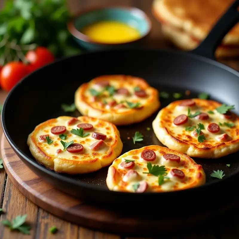 Arepas doradas y crujientes en sartén antiadherente, repletas de trozos de chorizo y queso blanco derretido, con perejil fresco espolvoreado. Receta colombiana tradicional de arepas de queso blanco y chorizo.