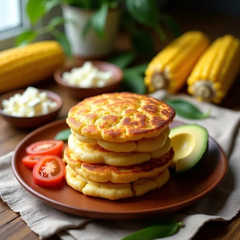Arepas doradas y crujientes de queso blanco y maíz tierno apiladas en un plato de barro, con el queso derretido asomando por los bordes, servidas con aguacate y tomate al lado. Receta colombiana en airfryer sin aceite.