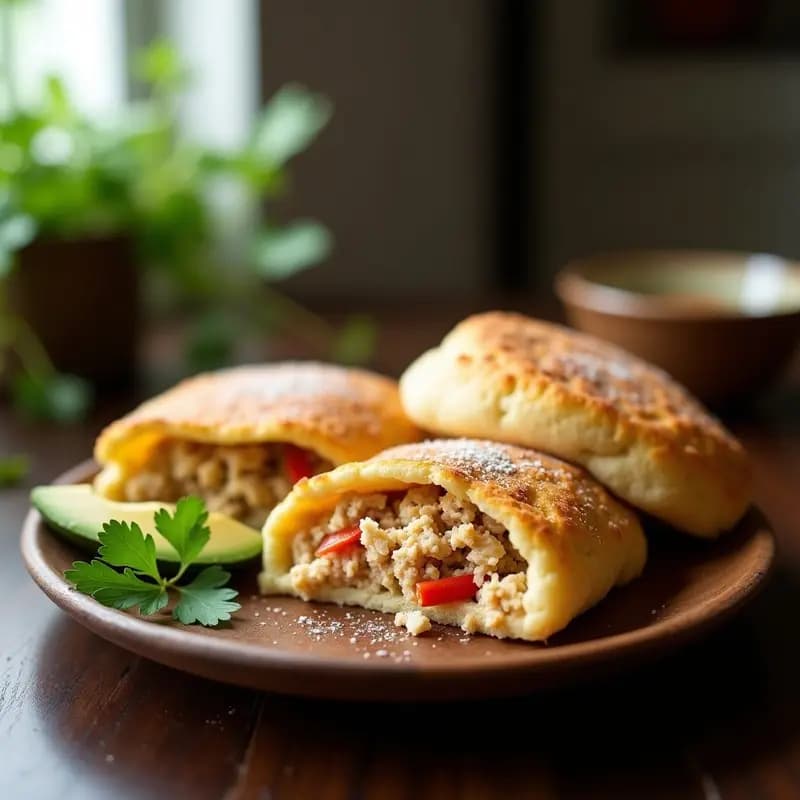 Plato rústico con dos arepas doradas rellenas de pollo desmenuzado especiado y queso blanco fresco desmenuzado, desayuno colombiano ultra proteico sobre fondo de madera.