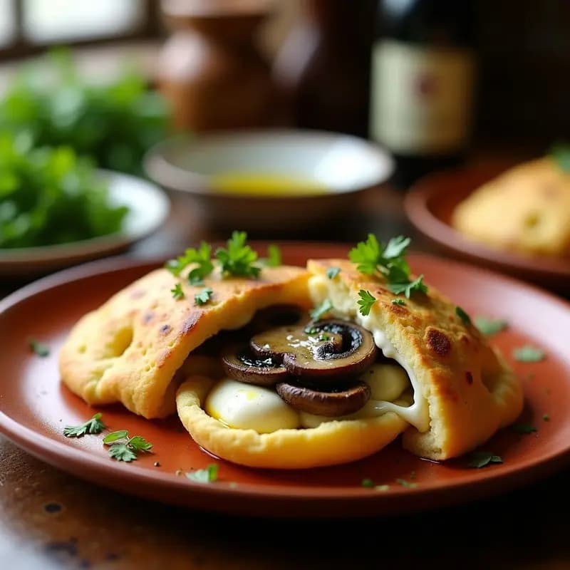Arepas doradas y esponjosas rellenas de queso de búfala cremoso y champiñones portobello al ajillo, con trozos de perejil fresco y un toque de aceite de oliva brillante, servidas en un plato de barro rústico.