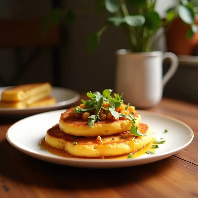 Arepas doradas y esponjosas cocinadas en comal, rellenas de queso de Cabo derretido y cebolla caramelizada morada, servidas en un plato de barro rústico con fondo de madera oscura.