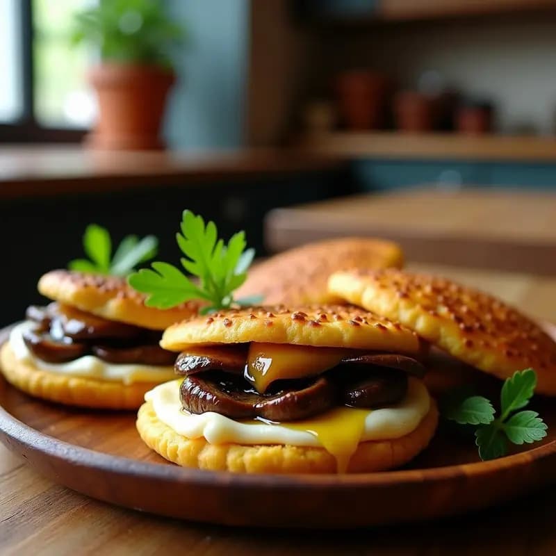 Arepas doradas y crujientes rellenas de queso de cabra cremoso y champiñones portobello glaseados, servidas en un plato de madera rústico con perejil fresco y un hilo de aceite de oliva. Receta de arepas de queso de cabra y champiñones portobello en airfryer.