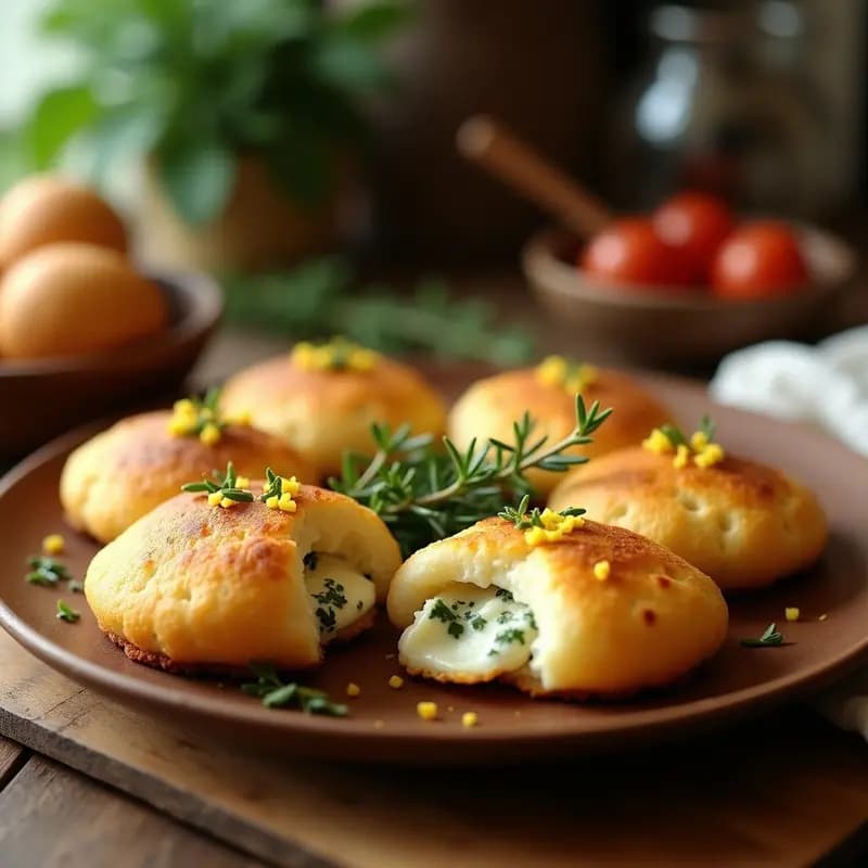 Arepas doradas y crujientes rellenas de queso de cabra fundido y hierbas provenzales, servidas en un plato de madera rústico con un toque de romero fresco y aceite de oliva. Receta colombiana gourmet en airfryer.