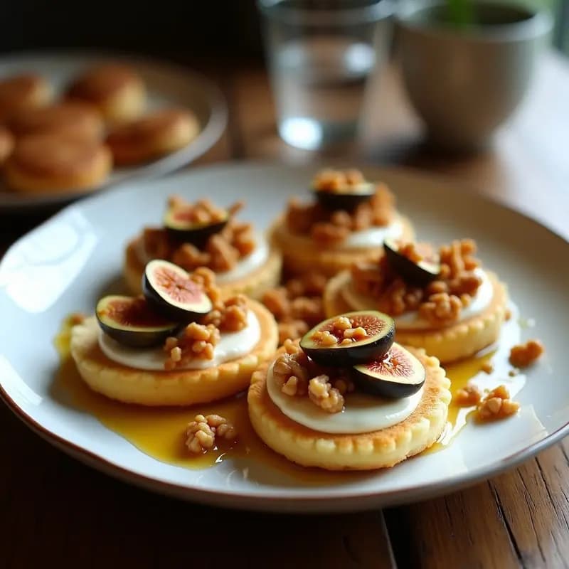 Arepas venezolanas doradas y esponjosas abiertas por la mitad, rellenas de queso de cabra cremoso y coronadas con higos caramelizados en trozos, nueces picadas y un hilo de miel brillante sobre un plato de cerámica blanca con fondo rústico de madera.