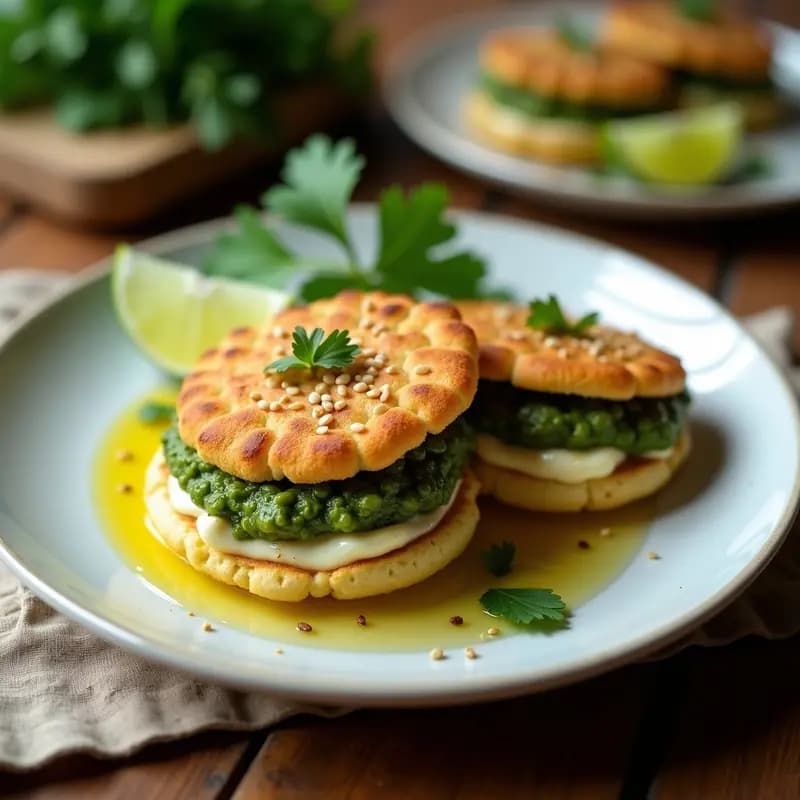 Arepas doradas y esponjosas rellenas de queso cremoso de cashew y pesto verde vibrante de cilantro, servidas en un plato de madera rústico con semillas de girasol espolvoreadas. Receta venezolana sin gluten y vegana.
