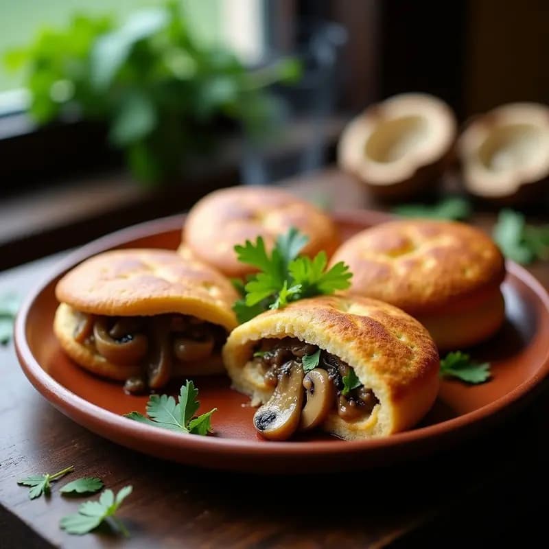 Arepas doradas y crujientes rellenas de queso de castaña cremoso y hongos shiitake salteados con perejil, servidas en un plato de barro rústico con fondo de madera oscura y hojas de cilantro.