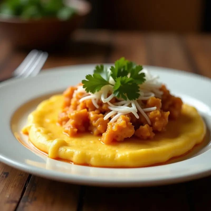 Arepas doradas y crujientes de queso y choclo rellenas de pollo desmechado, servidas en un plato de barro con cilantro fresco espolvoreado, receta venezolana sin gluten.