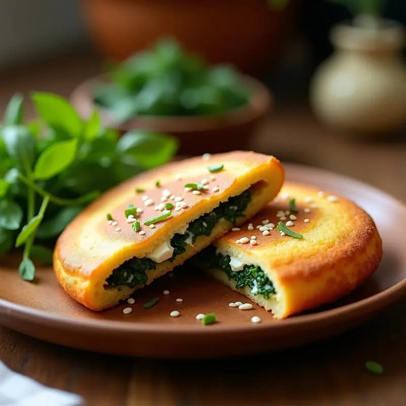 Arepas doradas y crujientes rellenas de queso feta desmenuzado y espinacas salteadas, espolvoreadas con semillas de sésamo. Plato tradicional venezolano con toques griegos, servido sobre un mantel rústico con hierbas frescas de fondo.