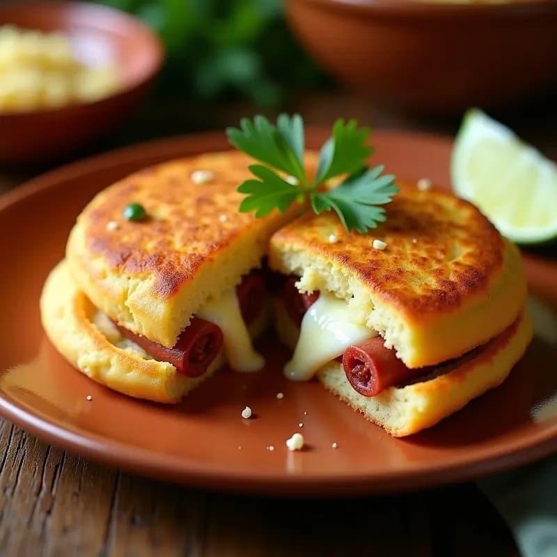 Arepas doradas y crujientes rellenas de queso Guaricha derretido y chorizo ahumado, servidas en un plato de barro con fondo de madera rústica. Receta venezolana de desayuno en Airfryer.