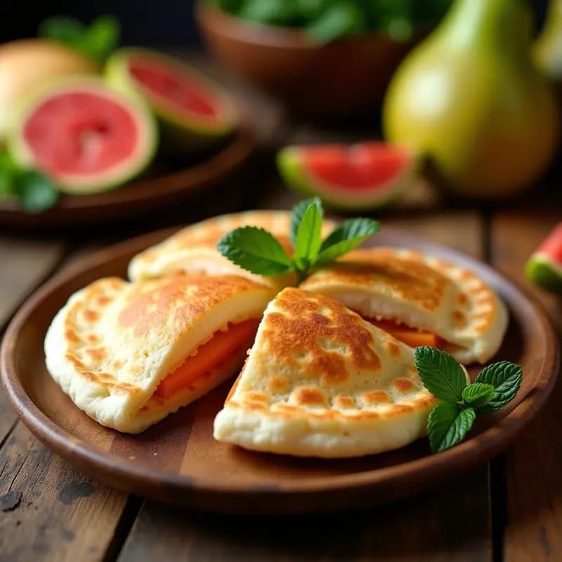 Arepas venezolanas doradas en airfryer, rellenas de queso de guayaba cremoso, con semillas de chía visibles y un brillo dorado por la mantequilla, servidas en un plato rústico de barro con un hilo de miel y hojas de menta.