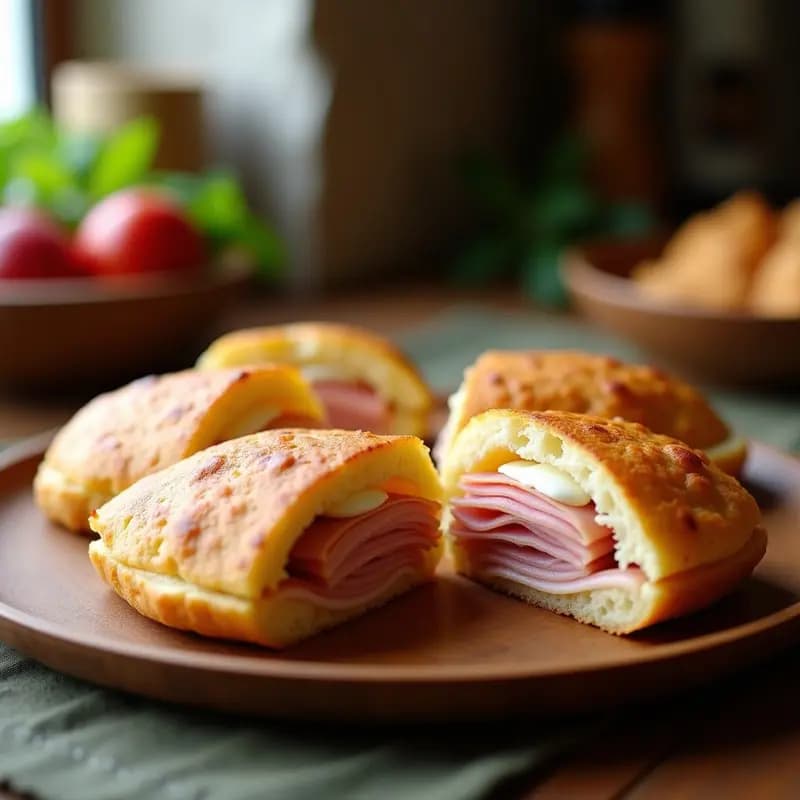 Arepas venezolanas doradas y esponjosas abiertas por la mitad, rellenas de queso cremoso con trozos de guayaba y láminas de jamón de pavo, servidas en un plato de madera rústico con fondo borroso de cocina tradicional.