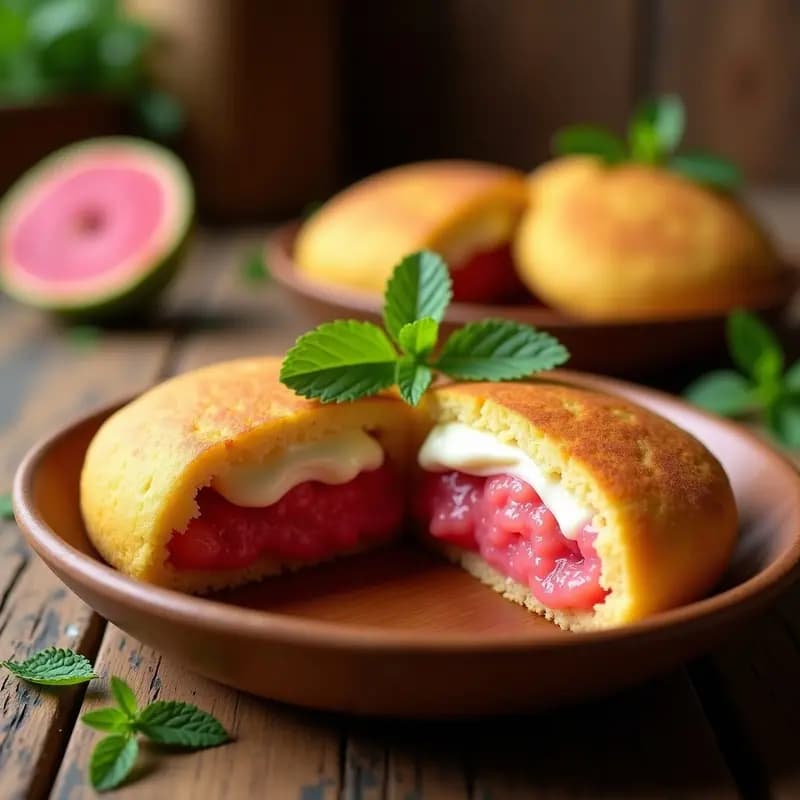 Arepas doradas rellenas de queso de guayaba rosado y queso blanco cremoso, cortadas por la mitad para mostrar el interior dulce-salado, servidas en un plato de madera con hojas de menta.