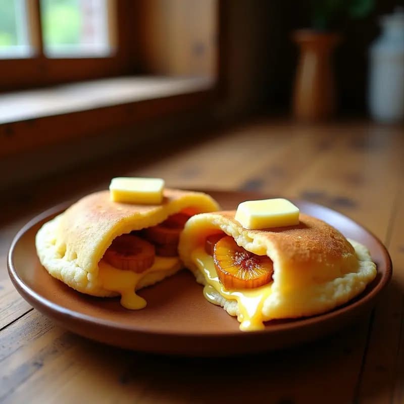 Arepas doradas y crujientes de queso Guayanés y plátano macho apiladas en un plato de barro, con el queso derretido asomando entre capas de plátano caramelizado. Receta venezolana dulce-salada en sartén.