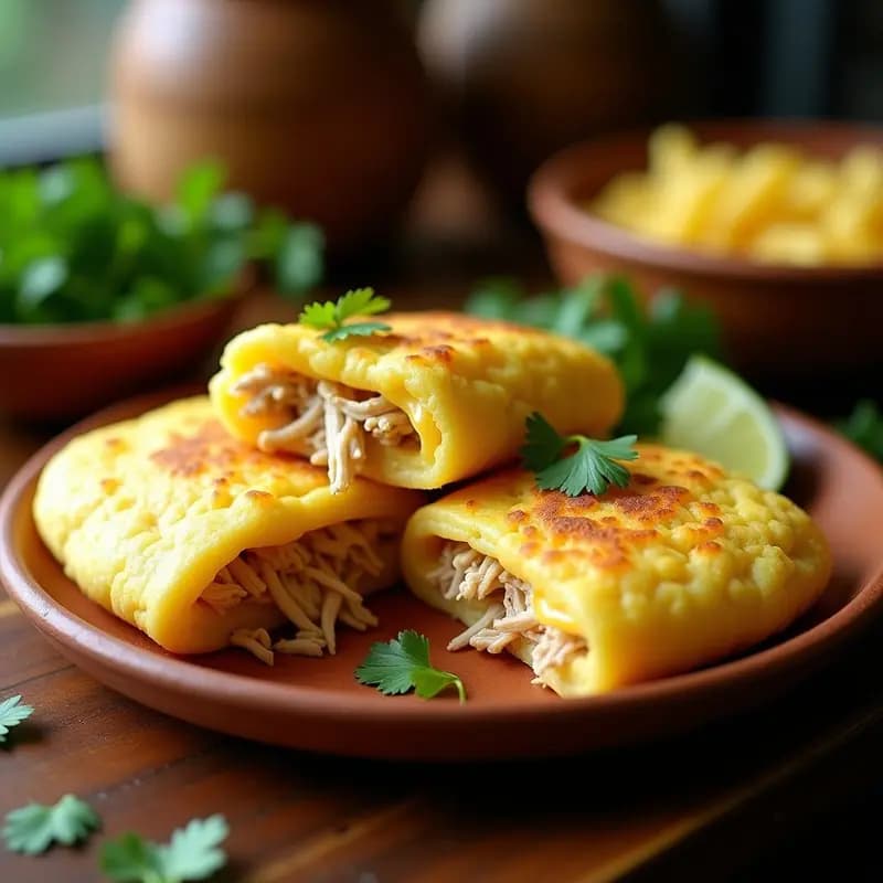 Arepas doradas y crujientes de maíz precocido rellenas de queso blanco derretido y pollo desmenuzado especiado, servidas en un plato de barro con cilantro fresco y rodajas de limón al lado.