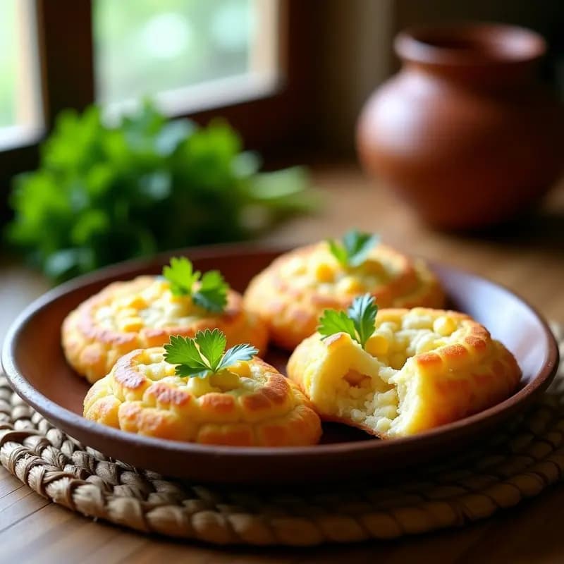 Arepas doradas y crujientes de queso y maíz dulce apiladas en un plato de barro, con queso derretido visible en la superficie y un fondo de cocina rústica colombiana.