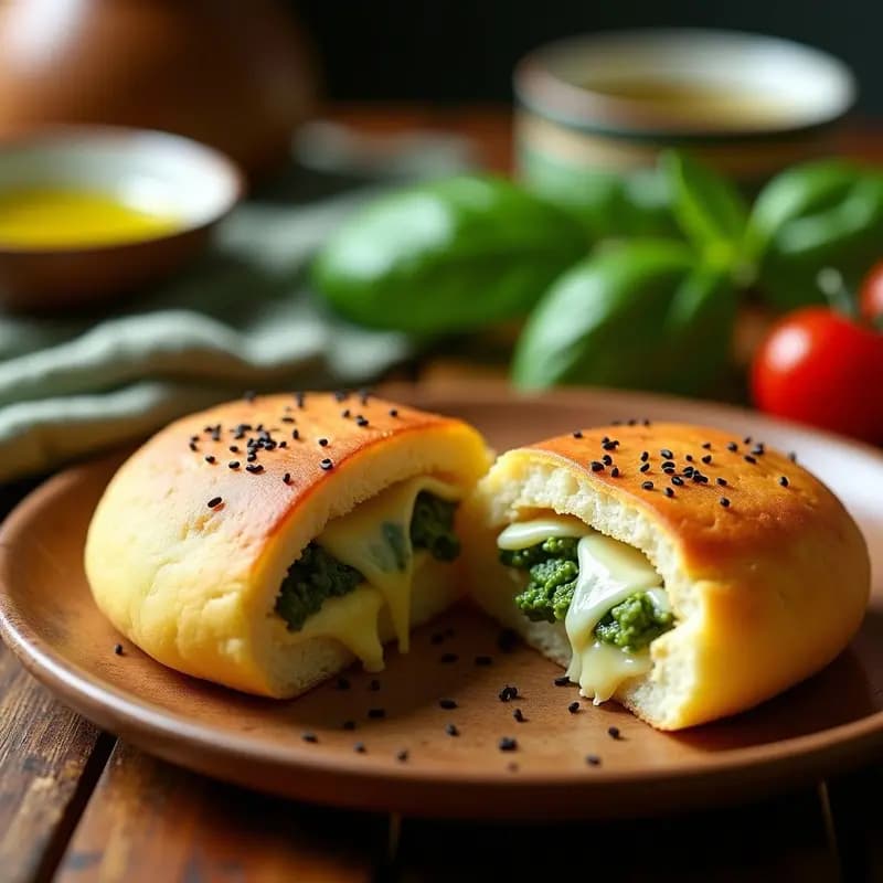 Arepas doradas y esponjosas rellenas de queso mozzarella derretido y pesto verde, espolvoreadas con semillas de sésamo negro, servidas en un plato de madera rústico con un fondo borroso de hierbas frescas.