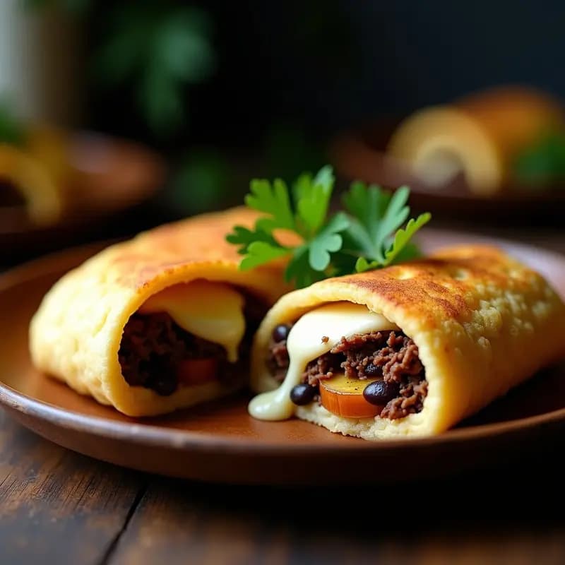Arepas doradas y esponjosas abiertas por la mitad, rellenas de pabellón venezolano al desmenuzado (carne mechada, frijoles negros y plátano maduro frito), queso derretido y cilantro fresco, servidas en un plato de madera rústico.