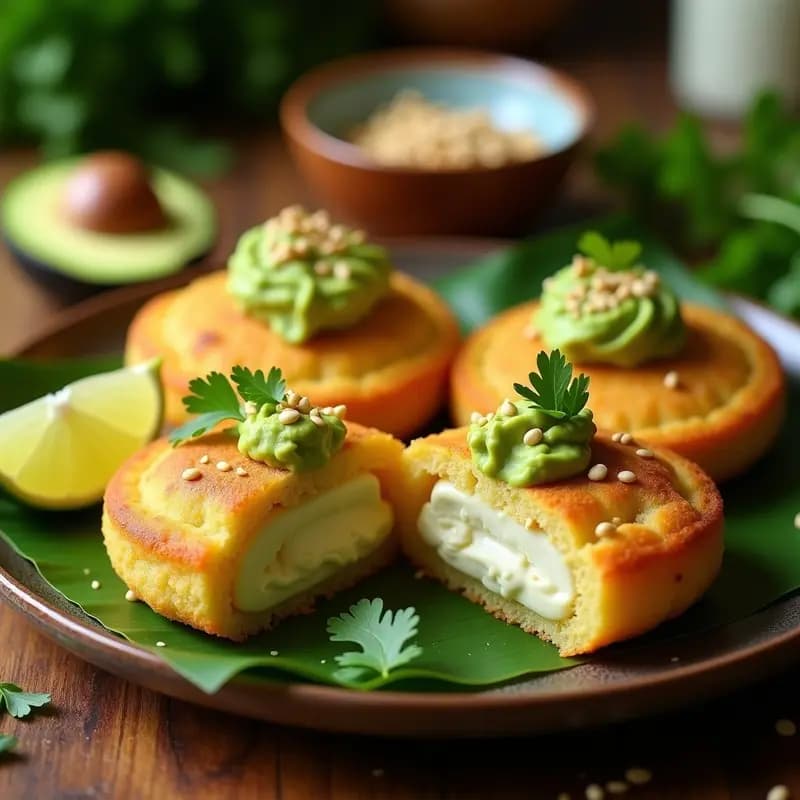 Arepas doradas y crujientes rellenas de queso de palmiste cremoso y aguacate verde, espolvoreadas con semillas de sésamo. Plato servido sobre hoja de plátano con fondo de madera rústica, receta caribeña vegana y sin gluten.