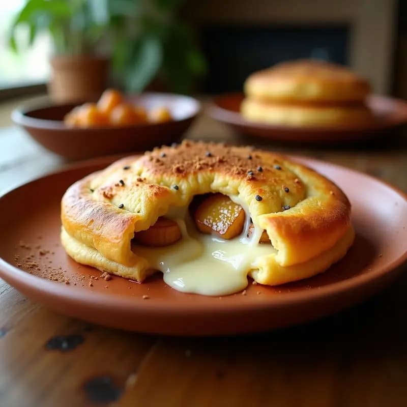 Arepas venezolanas doradas en airfryer con queso blanco derretido y rodajas de plátano maduro caramelizado, espolvoreadas con semillas de sésamo, servidas en un plato de barro rústico.