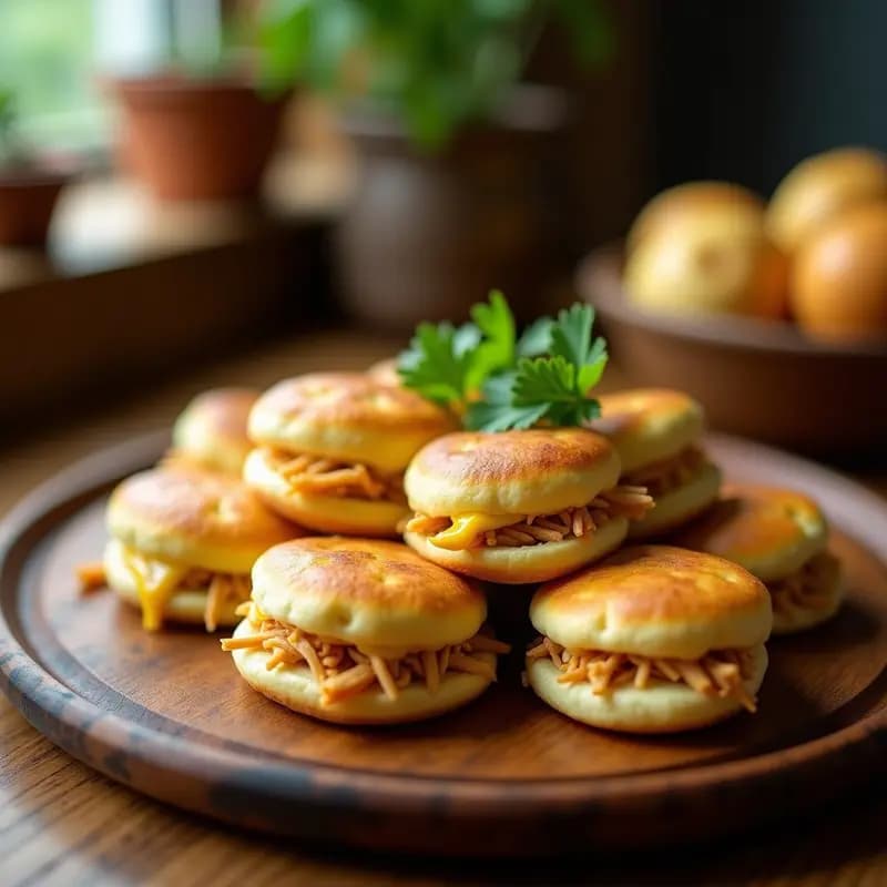 Arepas de queso blancas rellenas de pollo desmenuzado, doradas por fuera y con queso derretido asomando, sobre un plato de madera rústico con cilantro fresco y ají al lado. Receta colombiana tradicional.