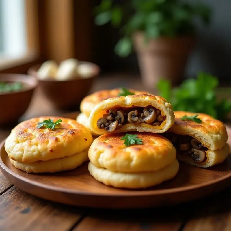 Arepas doradas y esponjosas abiertas por la mitad, rellenas de una mezcla cremosa de queso vegano derretido y champiñones portobello salteados, servidas en un plato de madera con perejil fresco como decoración. Receta venezolana sin lactosa en airfryer.
