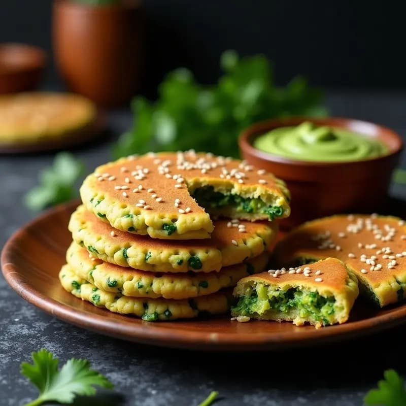 Arepas doradas de quinoa y espinaca apiladas en un plato de madera, con semillas de sésamo visibles en la superficie. Acompañadas de una salsa verde y hojas de cilantro fresco. Receta colombiana alta en proteína y sin harina.