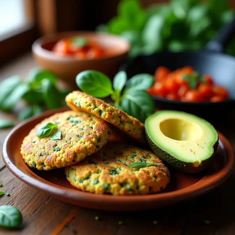 Arepas doradas de quinoa y espinaca sin gluten en sartén de hierro, con textura crujiente por fuera y verde vibrante por dentro, servidas en plato de barro con aguacate y hogao.