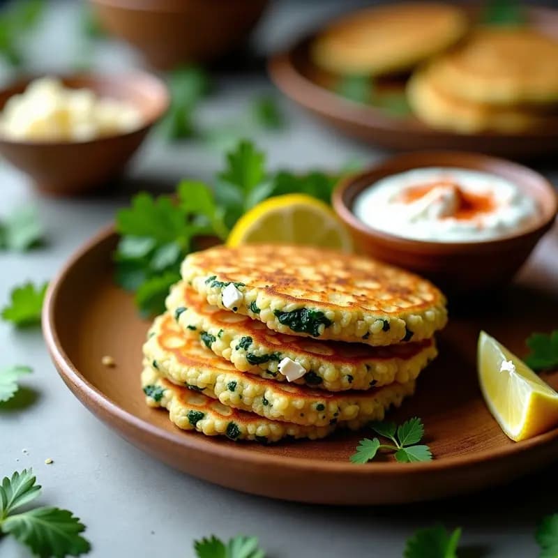 Arepas doradas de quinoa y espinacas con trozos de queso feta, servidas en un plato de barro rústico con hierbas frescas y rodajas de limón al lado. Receta colombiana fit, alta en proteína y sin gluten.