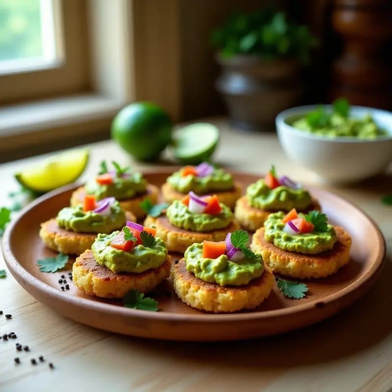 Arepas de quinoa y espirulina rellenas de guacamole cremoso, snack colombiano superalimento sin gluten, dispuestas en un plato de madera rústico con hojas de cilantro fresco y rodajas de limón verde.
